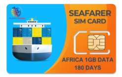 A blue and white Seafarer SIM card packet with a globe icon, representing 3GB of data for 180 days of international connectivity for seafarers. International Seafarer SIM Card with 1GB data pack providing global connectivity for a year, ideal for seafarers.