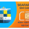 A blue and white Seafarer SIM card packet with a globe icon, representing 1GB of data for 180 days of international connectivity for seafarers. International Seafarer SIM Card with 1GB data pack providing global connectivity for a year, ideal for seafarers.