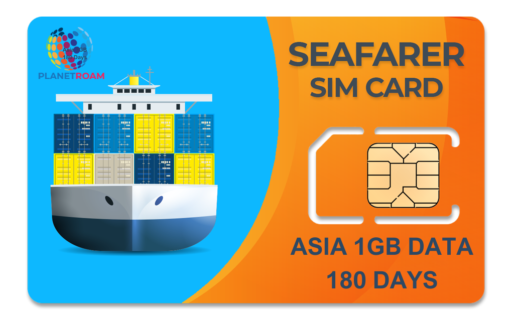 A blue and white Seafarer SIM card packet with a globe icon, representing 1GB of data for 180 days of international connectivity for seafarers. International Seafarer SIM Card with 1GB data pack providing global connectivity for a year, ideal for seafarers.