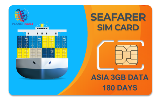 A blue and white Seafarer SIM card packet with a globe icon, representing 3GB of data for 180 days of international connectivity for seafarers. International Seafarer SIM Card with 3GB data pack providing global connectivity for a year, ideal for seafarers.