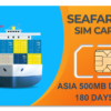 A blue and white Seafarer SIM card packet with a globe icon, representing 500MB of data for 180 days of international connectivity for seafarers. International Seafarer SIM Card with 500MB data pack providing global connectivity for a year, ideal for seafarers.