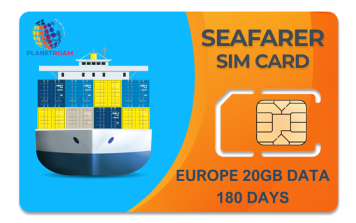 A blue and white Seafarer SIM card packet with a globe icon, representing 20GB of data for 180 days of international connectivity for seafarers. International Seafarer SIM Card with 20GB data pack providing global connectivity for a year, ideal for seafarers.