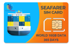 A blue and white Seafarer SIM card packet with a globe icon, representing 10GB of data for 365 days of international connectivity for seafarers. International Seafarer SIM Card with 10GB data pack providing global connectivity for a year, ideal for seafarers.