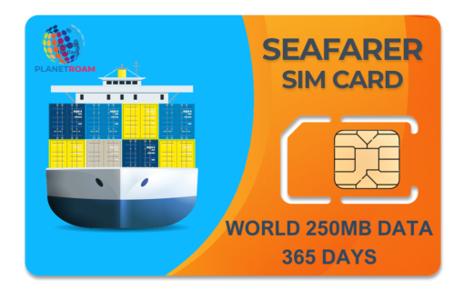 A blue and white Seafarer SIM card packet with a globe icon, representing 250MB of data for 365 days of international connectivity for seafarers. International Seafarer SIM Card with 250MB data pack providing global connectivity for a year, ideal for seafarers.