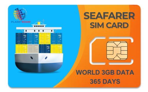 A blue and white Seafarer SIM card packet with a globe icon, representing 3GB of data for 365 days of international connectivity for seafarers. International Seafarer SIM Card with 3GB data pack providing global connectivity for a year, ideal for seafarers.